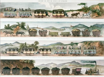 Passagerare och gods på den första franska linjen öppnade mellan Lyon och St. Etienne, 1829 (färg litho)