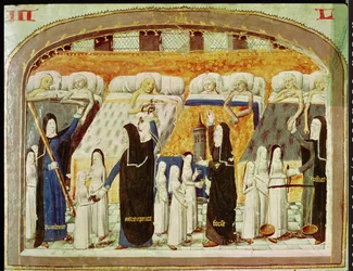 Patienter och nunnor på sjukhuset på Hotel Dieu i Paris, från Le Livre de Vie Active de lHotel Dieu av Jean Henry, ca 1482