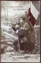 Patriotiskt vykort från 1:a världskriget, föreställande en fransk och en engelsk soldat tillsammans, ca 1915