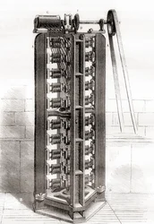 Paul-Gustave Froments vertikala elektromotor, ca 1844, från Les Merveilles de la Science, publicerad ca 1870 (gravyr)