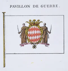 Pavillon de Guerre, detalj från Flags from Monaco (se 103834), från en fransk bok med flaggor, ca 1819