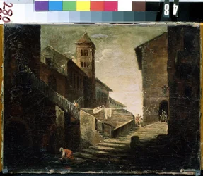 ""Landskap i en fransk by"" Bron och floden i en populär stadsdel. Fransk skolmålning. Tidigt 1700-tal Mikhail Kroshitsky konstmuseum, Sevastopol (Sevastopol) Ukraina