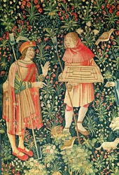 Bonde som bär en hopscotch spelplan, från Game of Hopscotch and Fruit Picking, Loire Workshop, 1510