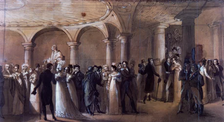Peristyl på Theatre-Francais i Paris, ca 1822 (färg litho)