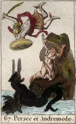Se representation som kommer till Andromedes undsättning enchainee a un rock (Perseus save Andromeda inchained to a rock) Från "Mythologie de la jeunesse" av Pierre Blanchard 1803.