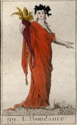 Personifiering av överflöd, med ett horn av överflöd. Personifiering av överflöd, håller ett ymnighetshorn. Från "Mythology of Youth" av Pierre Blanchard 1803.