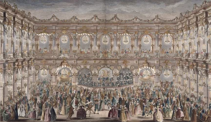 Perspektivvy av balsalen, konstruerad på innergården till Hotel de Ville (färggravyr)