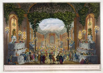 Perspektivvy av interiören av ett av rummen på Place de Louis le Grand, Vy över ingången till salongen (färggravyr)