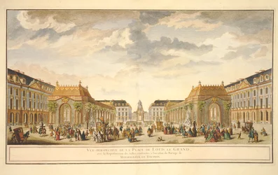 Perspektivvy av Place de Louis le Grand med rummen byggda för tillfället av Monseigneur le Dauphins bröllop (färggravyr)