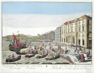 Perspektivvy av rådhuset och en del av hamnen i Marseille, c.1770