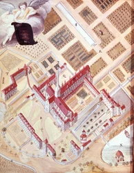 Perspektivvy av klostret Port Royal des Champs (Port-Royal-des-Champs) fågelvägen. 1700-tals gouacheteckning. Versailles museum
