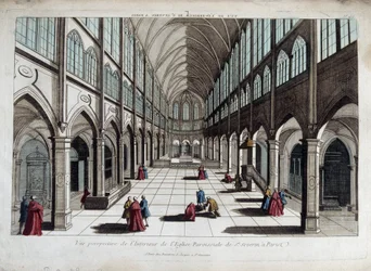Perspektivvy av interiören av kyrkan Saint Severin i Paris - optisk vy