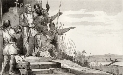 Philippe II Auguste (1165-1223) vinner slaget vid Bouvines efter bön, från 