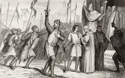 Philippe I (1052-1108) och påven Urban II (ca 1035-99) samlar anhängare för det första korståget 1095, från "Histoire de France" av Colart, publicerad ca 1840
