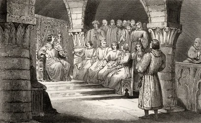 Philippe V (1293-1322) den långe och generalstaterna avvisar Jeanne II:s anspråk, från "Histoire de France" av Colart, publicerad ca 1840
