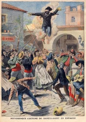 Pittoresk sed av heliga lördagen i Spanien: folket gör en flätad skyltdocka klädd i oriskins (Judas) som går genom gatorna, invektiv, skjuten och bränns - illustration från "The Petit Journal" den 31 mars