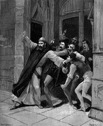 Pietro Paolo Sarpi, känd som Fra Paolo, av Servitorden (1552-1623), venetiansk historiker, såras av attentatsmän den 5 oktober 1607 i Venedig.