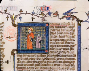 Pilgrimer från Santiago de Compostela, detalj av en historisk initial