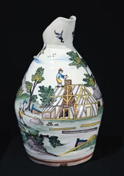 Kanna föreställande konstruktionen av en byggnad, Sinceny, c.1740-50 (fajans)