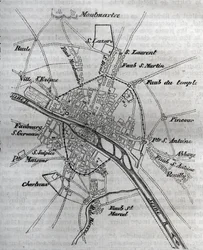 Karta över Paris under Henri III (1580) Gravyr i ""Paris fysiska, civila och moraliska historia: från de tidigaste historiska tiderna till våra dagar"" av Jacques Antoine Dulaure