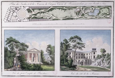 Plan över trädgården och huset byggt för Pierre Augustin Caron de Beaumarchais (1732-99) av Lemoine, ca 1784