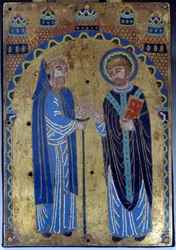 Tavla på det stora altaret i klostret Grandmont som representerar den helige Stefan av Muret, grundaren av Grandmontorden, med sin favoritlärjunge Hugues Lasert (Lacerta). E-post från Limoges. 1375-1400. Museum för medeltiden i Cluny, Paris