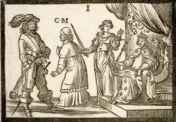 Politiska pamfletter Mazarinade: Mazarin förvisad av Justice and Sling, lämnar kungen (Louis XIII). Graverat trä 1651.