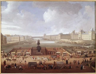Pont Neuf i Paris, sedd från ingången till Place Dauphine, med De fyra nationernas kollegium, Quai Malaquais och Louvren