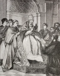 Påven Gregorius IX överlämnar dekreten till en förespråkare för konsistoriet, från "Militärt och religiöst liv under medeltiden" av Paul Lacroix, publicerad i London ca 1880