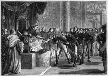 Påven Pius VII (1742-1823) som i Rom tog emot de franska sjömännens medlemmar av besättningarna på de två tegelstenarna "Sankt Peter" och Paulus"" som erbjöds som en gåva till påven av Bonaparte, augusti 1802 - Gravyr från 1865 i "Histoire du Consulate et 