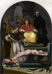 Påve Pius V presiderar över inkvisitionens tribunal.