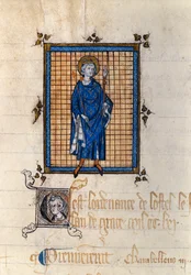 Helfigursporträtt av den helige Ludvig i majestät (Ludvig IX) (1214-1270). Miniatyr hämtad ur "Register över förordningar för kungens hovhållning". Paris, Nationalarkivet