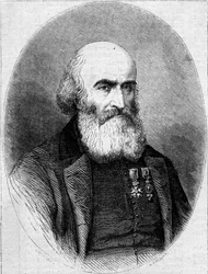 Porträtt av Abbe Francois Bourgade (1806-1866), Chamonier av Saint Louis Chapel i Carthage (Tunisien). Gravyr i "" Le Monde Illustré"" nr 251 av 1 februari 1862.