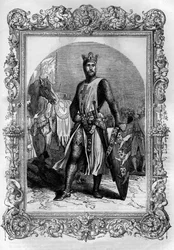 Porträtt av Alfred den store (846-899). Gravyr i "Historien om påvar-kungar-drottningar och kejsare genom århundradena" av Maurice Lachatre