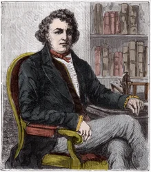 Porträtt av Andre Marie Ampere (1775-1836) fransk fysiker - Andre-Marie Ampere (1775-1836), fransk fysiker och pionjär inom elektrodynamiken - Gravyr i "" Sciences mise à la range de tous - physics et chimie populaires"" av Alexis Cleric - Slutet av 1800-t