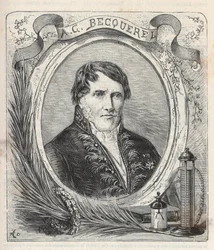 Porträtt av Antoine Cesar Becquerel (1788-1878), fransk fysiker - Gravyr i "Sciences à la gratete de tous - populär fysik och kemi" av Alexis Clerc - Slutet av 1800-talet - Privat samling