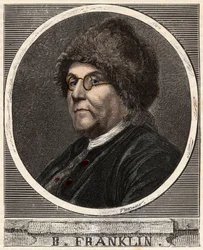 Porträtt av BENJAMIN FRANKLIN (1706-1790) Amerikansk tryckare, förläggare, vetenskapsman, uppfinnare, statsman och diplomat - Porträtt av Benjamin Franklin (1706-1790), amerikansk fysiker, filosof och politiker - Gravyr i "" Vetenskaper som nåtts o