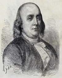 Porträtt av Benjamin Franklin (1706 - 1790), amerikansk politiker, memorialist, broschyr och fysiker - i "" Album of Science; berömda forskare; Stora upptäckter””” 1896.