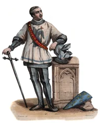 Porträtt av Bertrand Duguesclin (Du Guesclin) (1320-1380), bretonsk riddare och fransk militärbefälhavare. illustration från ""The French Plutarch"" av Edmond Mennechet