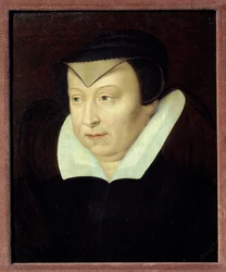 Porträtt av Catherine de Medicis (Caterina de Medici) (1519-1589), Frankrikes drottning Målning av den franska skolan. Chantilly från 1500-talet, Musee Conde