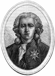 Porträtt av Charles Alexandre de Calonne, fransk politiker under Ludvig XVI (1734-1802), finanskontrollant. Gravyr i "Historien om påvarna-kungarna-drottningarna och kejsarna genom århundradena"" av Maurice Lachatre