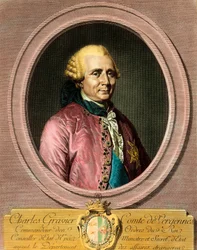 Porträtt av Charles Gravier, greve av Vergennes (1719 - 1787). Gravyr av 1700-talet. Privat samling.