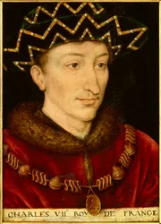 Porträtt av Karl VII (1403-1461) kung av Frankrike. Målning av den franska skolan
