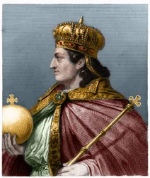 Porträtt av Childebert II (v. 570 - 596), kung av Austrasien - i "Franskarnas historia"" av Lavallee, gravyr, sd.