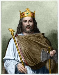 Porträtt av Chilperic I (539 - 584), kung av Neustrien - i "Histoire des Français"" av Lavallee, gravyr, sd.