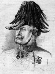 Porträtt av greve Ferencz Gyulai (1797-1868), fältgenerallöjtnant som befaller de österrikiska trupperna i Lombardprovinserna. Gravyr i "" Le Monde Illustré"" nr 107 den 30 april