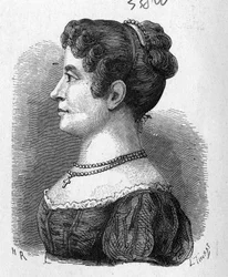 Porträtt av Elisa Garnerin, systerdotter till Garnerin, som provade fallskärmen som uppfanns av den senare - i "" Vetenskapens album; berömda forskare; Stora upptäckter””” 1896.