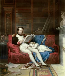 Porträtt av kejsar Napoleon I (1769-1821) och hans son, kung av Rom Napoleon II, hertig av Reichstadt (1811-1832) sov i hans knä. Gravyr av 1800-talets Malmaison, musee du chateau