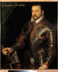 Porträtt av Francois I, hertig av Montmorency, marechal av Frankrike (1530-1579) i rustning graverat med hans monogram och det av hans fru Diane de France Målning av den franska skolan på 1500-talet. Dämpa. 0,87x0,74 m. Versailles, Chateaux de Versailles e