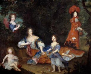 Porträtt av Francoise Athenais (Francoise-Athenais) av Rochechouart Mortemart, Marquise de Montespan (eller Madame de Montespan) (1640-1707) och hennes barn hertigen av Maine, greven av Vexin, fröken av Tours och fröken av Nantes. Franska skolan